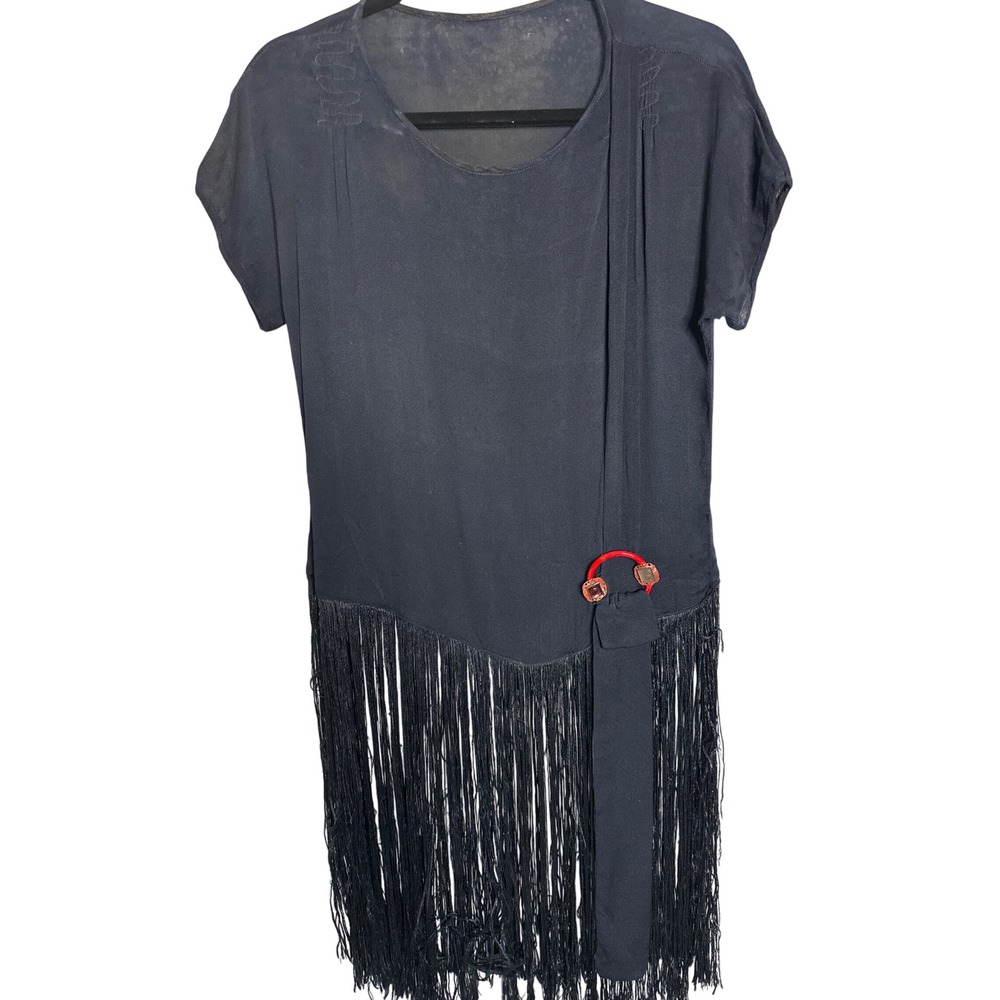 VTG ANTIQUE 1920s 30s Flapper Fringe Dress Black Silk Drop Waist Art Deco S M